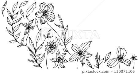 vector template with flower, leaves and branch. Elegant art for decoration. ink hand drawing monochrome botanical illustration for backgrounds. Template for wedding cards, polygraph, logo, tattoo. 130071106