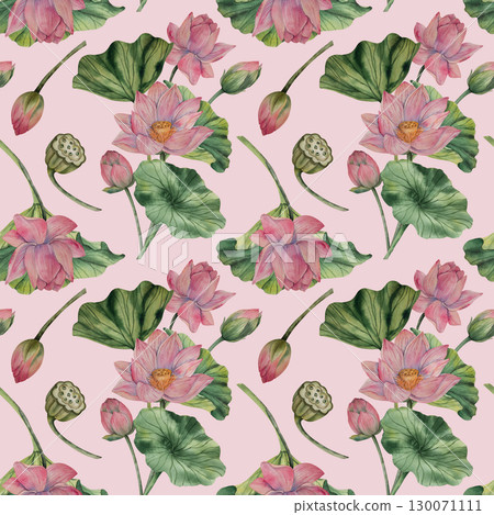 Hand drawn lotus watercolor pattern with blooming pink flowers and green leaves. Watercolor style. Natural palette. Ideal for textile print wallpaper wrapping paper fabric surface design 130071111