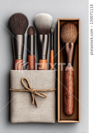 Beauty products. Set of high-end makeup brushes on white background. 130071118