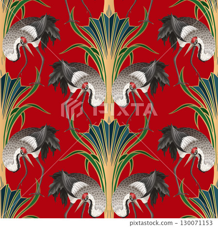 Symmetrical vector art deco pattern with elegant cranes and stylized plant motifs in gold and blue tones on a red background. Symmetrical vector art deco pattern with elegant cranes and stylized plant motifs in gold and blue tones on a red background. 130071153