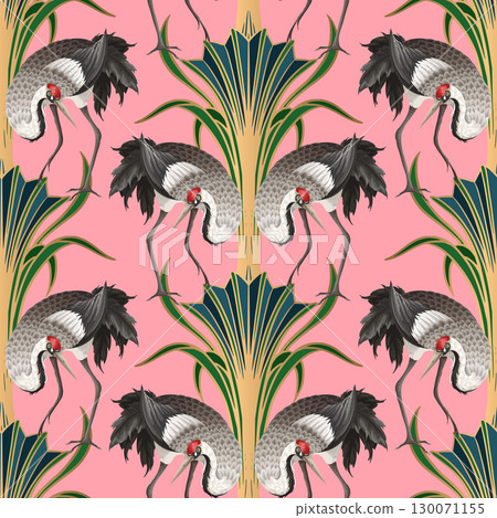 Symmetrical vector art deco pattern with elegant cranes and stylized plant motifs in gold and blue tones on a red background. 130071155