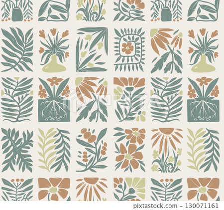 Seamless groovy linocut vector floral pattern with decorative botanical frames 130071161