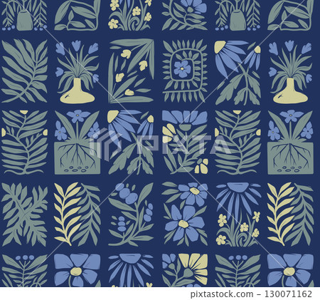 Seamless groovy linocut vector floral pattern with decorative botanical frames Seamless groovy linocut vector floral pattern with decorative botanical frames 130071162