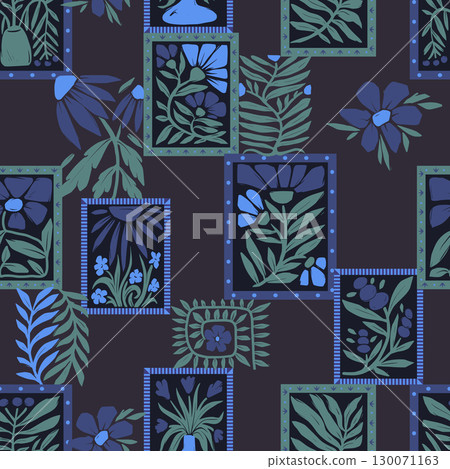 Seamless groovy linocut vector floral pattern with decorative botanical frames Seamless groovy linocut vector floral pattern with decorative botanical frames 130071163