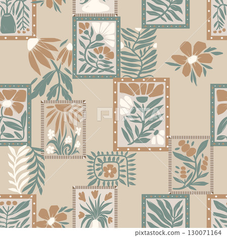 Seamless groovy linocut vector floral pattern with decorative botanical frames 130071164