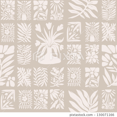 Seamless groovy linocut vector floral pattern with decorative botanical frames 130071166