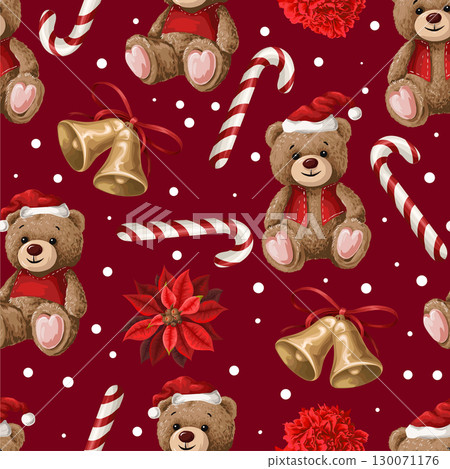 Vector seamless Christmas pattern with bear, poinsettia flower and candy Vector seamless Christmas pattern with bear, poinsettia flower and candy 130071176