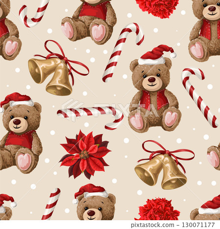 Vector seamless Christmas pattern with bear, poinsettia flower and candy Vector seamless Christmas pattern with bear, poinsettia flower and candy 130071177