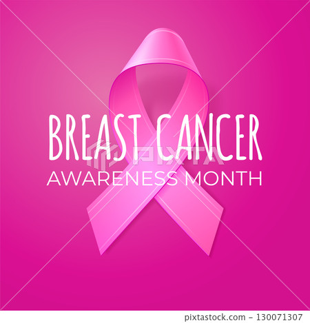 Realistic Pink Ribbon on pink background. Template for banner, poster, invitation, flyer. Breast cancer awareness month typography. Vector illustration. 130071307