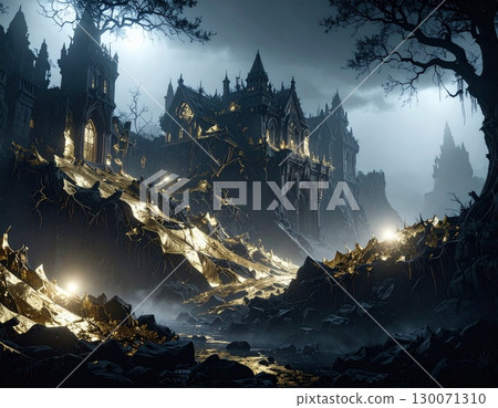 A crumbling castle in a dark fantasy style 130071310