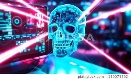 Glowing Digital Skull With Neon Lines In Futuristic Cyber Room. Concept Of Cybersecurity Threats, Hacking Visuals, AI Warnings, And Sci-Fi Style For Tech Content And Digital Security Design 130071362