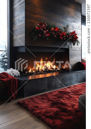 Cozy living room with lit fireplace and red rug. Warm and inviting atmosphere. Home is decorated with Christmas decorations, including wreath on the mantle 130071397