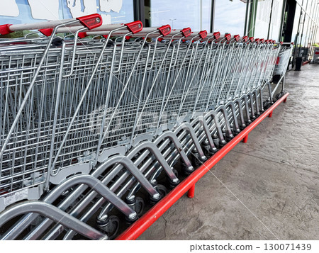 Shopping trolleys in supermarket entrance. Consumer routine, retail organization and urban everyday life with stray dog in background. Shopping trolleys in supermarket entrance. Consumer routine, retail organization and urban everyday life with stray dog in background. 130071439