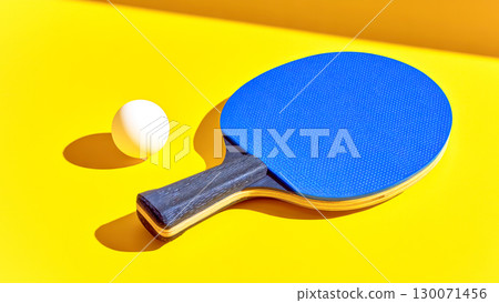 Blue Table Tennis Paddle And Ball On Vibrant Yellow Background For Dynamic Sports Visuals, Urban Game Culture, Youth Recreation Trends, And Bold Minimalist Fitness Concepts 130071456