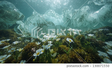 Underwater flowers blooming in a frozen stream 130071550