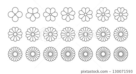 Flower petal shape icons set. Infographic circle diagram. Pie simple chart. Flower leaves geometric graphic element. Round wheel chart. Line vector illustration isolated on white background 130071593