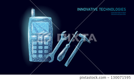 Digital device tools combination concept. Cellphone spanner screwdriver hammer low poly design. Repair maintenance service technology. Blue polygon dark background vector 130071595