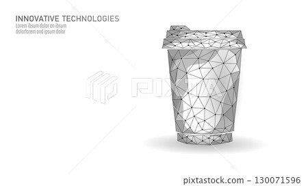 Low poly coffee cup illustration. Polygonal drink container modern design. Cafe restaurant business food concept. White background black outline vector 130071596