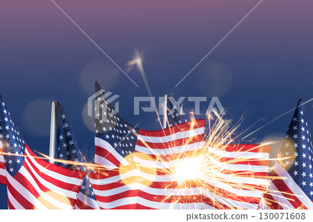 USA flag background with sparkler and copy space for Veterans Day, Memorial Day, Independence Day, and 4th of July designs. American flag symbolizing celebration, freedom, and patriotism. 130071608