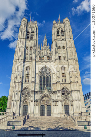 The Cathedral of St. Michael and St. Gudula medieval Roman Catholic cathedral Brabantine Gothic architecture style building with bell towers in Brussels city historical center, vertical view, Belgium 130071660