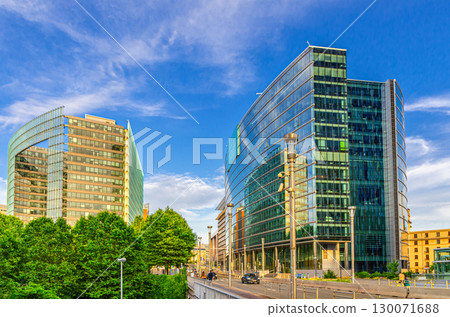 Lex building high-rise of government offices and Charlemagne Representation of the European Commission on Rue de la Loi Wetstraat Law Street in European Quarter of Brussels city, Belgium 130071688