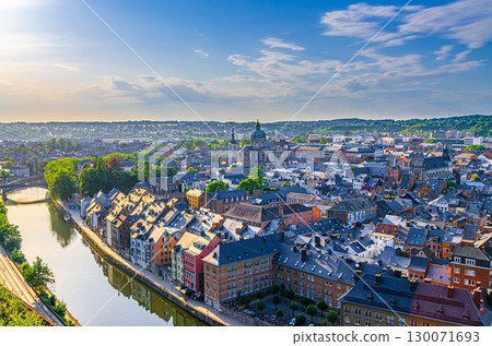 Namur cityscape, aerial panoramic view of Namur city historical center with Sambre river embankment and St Aubin's cathedral, skyline panorama of Namur fields on horizon, Wallonia Region, Belgium 130071693