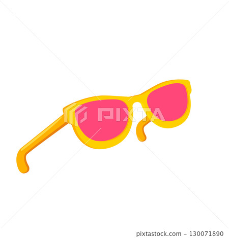Yellow sunglasses with pink lens isolated on white background. Cartoon funny kids summer sunglasses icon, label and sign. Sunglasses vector graphic illustration 130071890