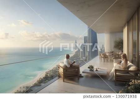 Luxurious coastal retreat with breathtaking city views at sunset 130071938