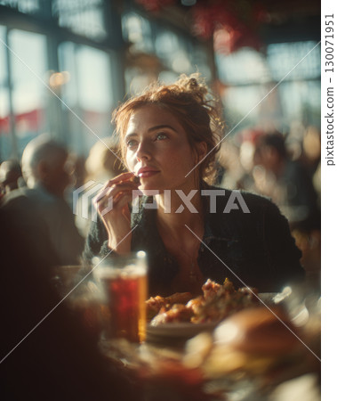 Enjoying delicious bites and drinks in a vibrant eatery at golden hour 130071951