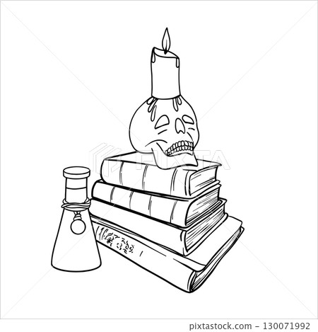 Horror illustration of a stack of books with Skull with Candle. Line drawing for Halloween. Hand drawn vector illustration in gothic themes. Bones painted by black inks. Books and skull sketch Horror illustration of a stack of books with Skull with Candle. Line drawing for Halloween. Hand drawn vector illustration in gothic themes. Bones painted by black inks. Books and skull sketch 130071992