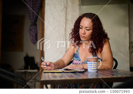 Focused Woman Writing Notes at a Cozy Outdoor Setting Focused Woman Writing Notes at a Cozy Outdoor Setting 130071993