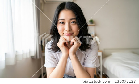 一名身穿制服的高中女生用手托著臉頰，對著房間裡的鏡頭甜美地微笑 130072128