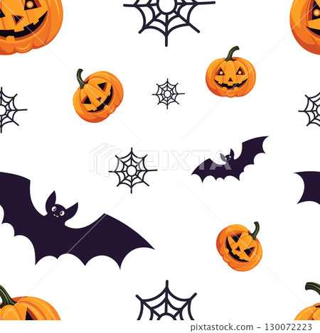 Halloween seamless pattern with pumpkins, bats, and spider webs. Festive spooky background in childish style. Vector illustrations. Perfect for holiday design. Halloween seamless pattern with pumpkins, bats, and spider webs. Festive spooky background in childish style. Vector illustrations. Perfect for holiday design. 130072223