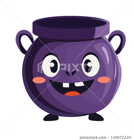 Cute purple potion cauldron. Smiling, big eyes, and cheerful expression. Vector illustration for Halloween, white background Cute purple potion cauldron. Smiling, big eyes, and cheerful expression. Vector illustration for Halloween, white background 130072224