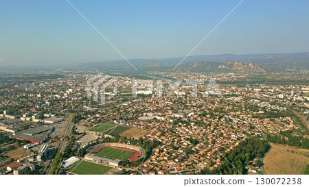 Aerial panorama of Valence city and surrounding landscape in summer, France Aerial panorama of Valence city and surrounding landscape in summer, France 130072238