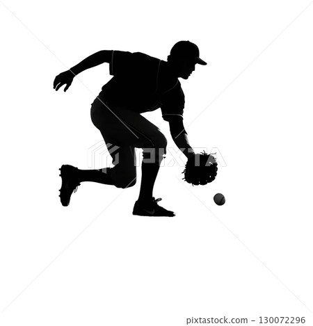 Baseball player silhouette - the moment he catches a ground ball 130072296