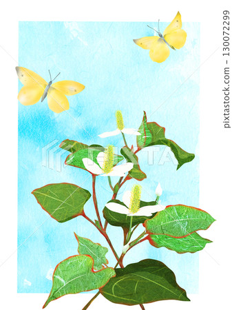 蝴蝶在魚腥草花上嬉戲的拼貼剪紙插圖（含背景） 130072299