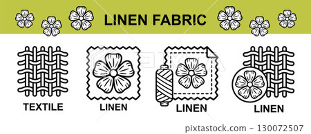 Linen flax fabric textile sewing clothing material line icon. Cotton cloth fiber. Thread yarn spool. Soft eco natural flower plant clothes tissue. Woven texture. Tailoring garment fashion label vector 130072507