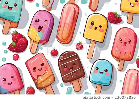 Illustration of colorful cartoon showcasing various delicious-looking ice popsicles in different flavors and vibrant hues. AI Generated 130072856