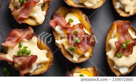 Crispy potato skins are generously topped with melted cheese and crispy bacon, creating a savory and delicious appetizer or side dish. AI Generated 130072860