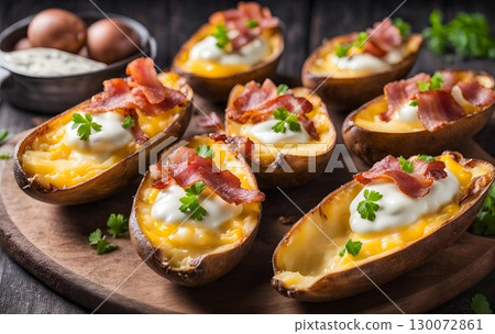 Crispy potato skins made from unpeeled potatoes, cut in half and hollowed out, then topped with bacon, cheddar cheese, and chopped green onions. AI Generated 130072861