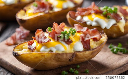 Baked potato skins, a snack or appetizer, made from unpeeled potato halves, hollowed out and then dressed with bacon. AI Generated 130072862