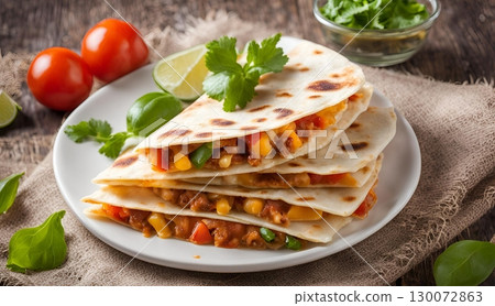 Cheese quesadillas, cut into easy-to-eat wedges and served alongside a vibrant bowl of fresh salsa for dipping. AI Generated 130072863