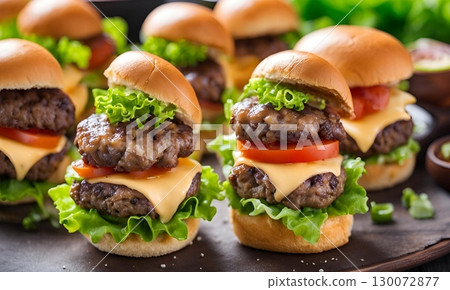 Mini cheeseburgers or sliders, with lettuce and tomato on dinner rolls, can be a snack, appetizer, or main course, popular at US sporting events. AI Generated 130072877