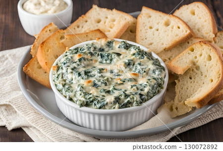 Deliciously cheesy Spinach Artichoke Bread makes a perfectly yummy appetizer or side dish for any occasion. AI Generated 130072892