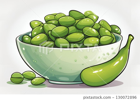 An illustration of steamed edamame with a generous sprinkle of salt, showcasing this healthy and savory Japanese snack in a clean. AI Generated 130072896