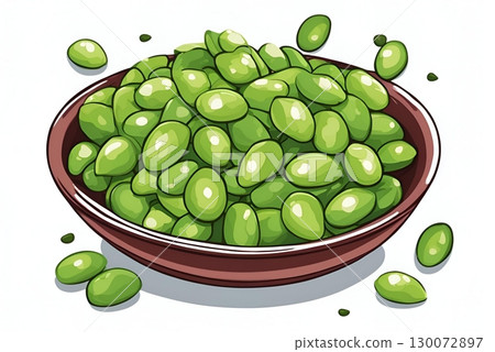 An illustration of a bowl of salted edamame beans or soybeans that have been steamed, a simple and healthy appetizer or snack. AI Generated 130072897