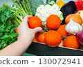 Close up of hand selects a ripe red tomato from a crate overflowing with colorful fresh produce, showcasing the bounty of a healthy and vibrant harvest 130072941