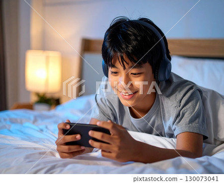 A male junior high school student playing games on a smartphone in bed at night 130073041