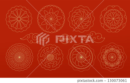 Minimalist Mid-Autumn Festival icons featuring various mooncakes and clouds set. Simple line art design with cultural symbols like mooncakes. Oriental vector illustrations . 130073061